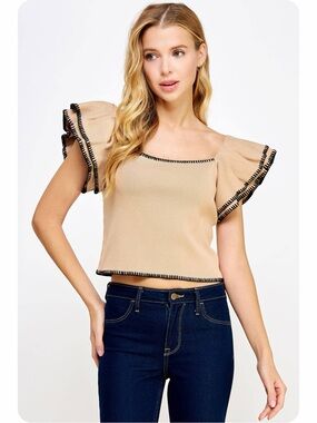 Beige Square-Neck Ruffle Sleeve Crop Top with Black Trim